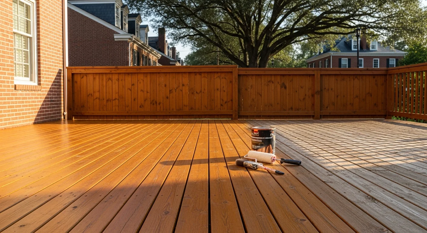 Newly stained wooden deck with protective finish applied