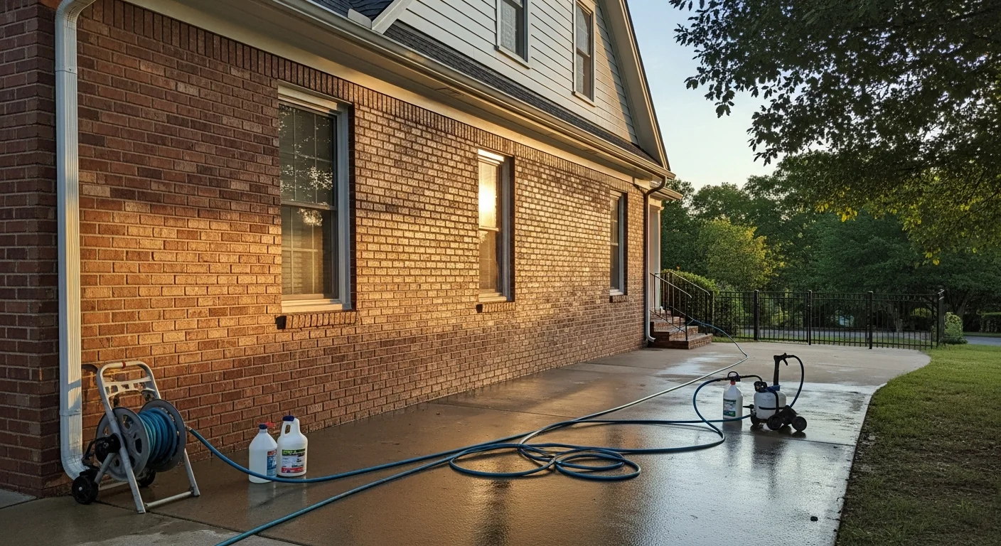 Soft washing exterior of residential home to remove dirt and mold