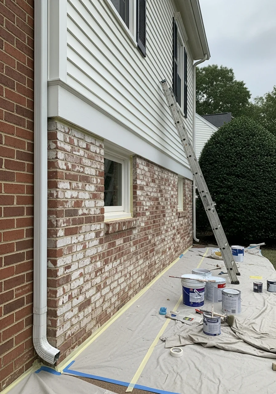 Detail of a contractor working on the exterior foundation of a Mechanicsville-area home.