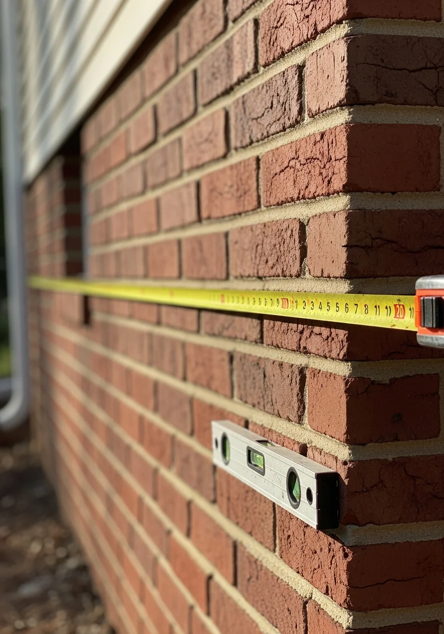 Close-up of a contractor measuring and assessing a foundation wall on a Midlothian property.