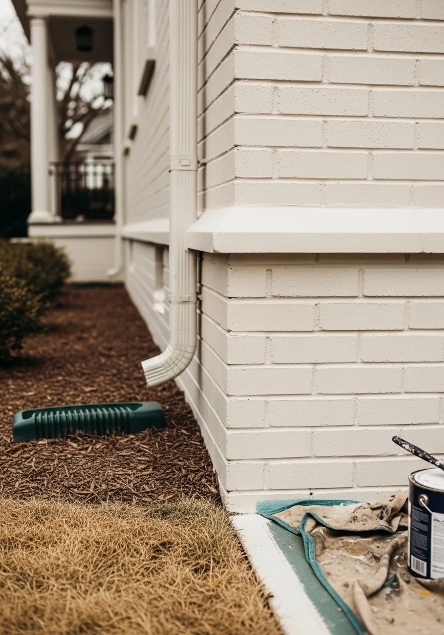 Close-up of a contractor's hands working on a brick foundation detail of a Tuckahoe-area residence.