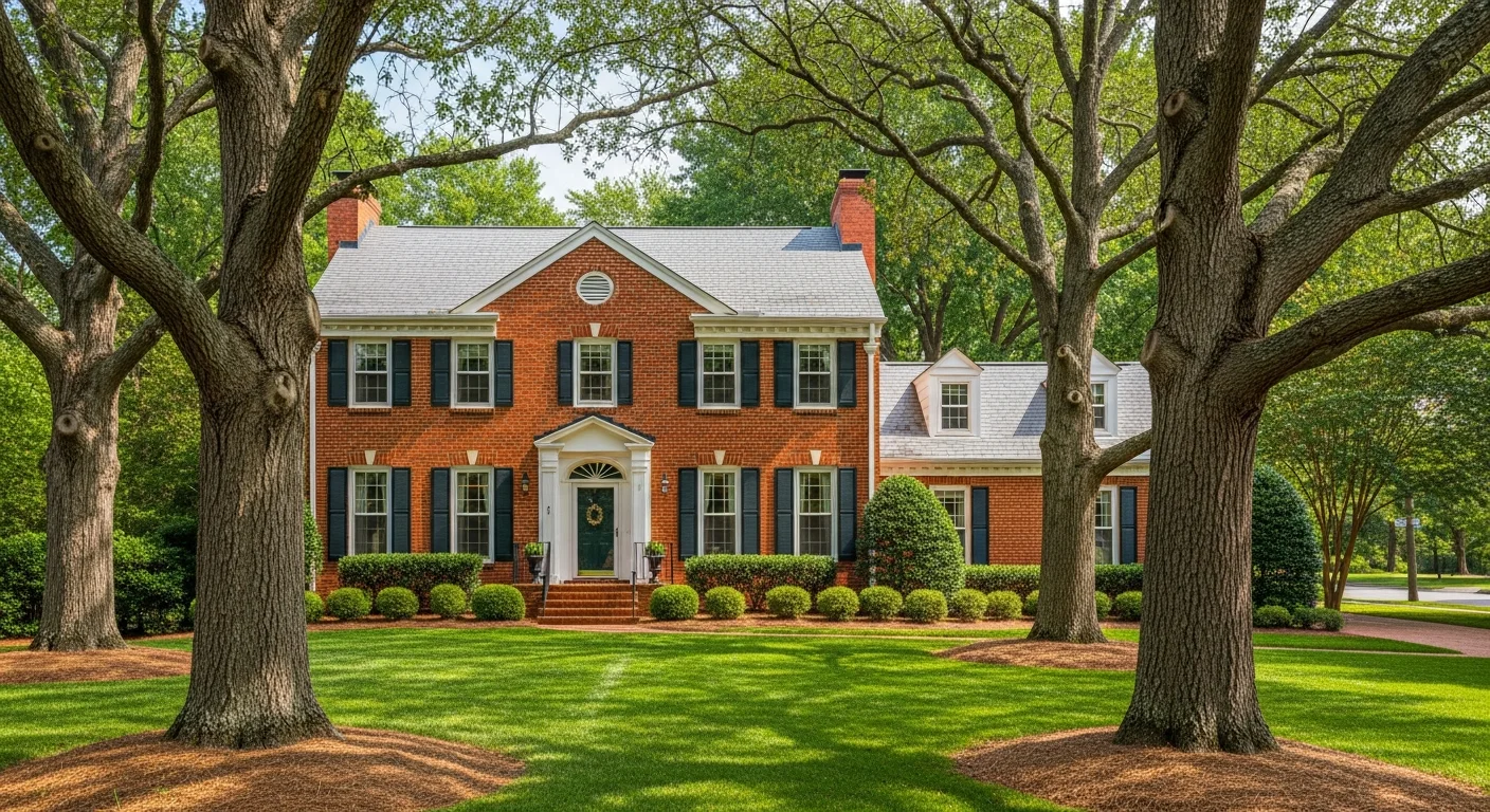 Wide shot of a well-maintained Tuckahoe home with mature oak trees and a manicured front lawn on a tree-lined street.
