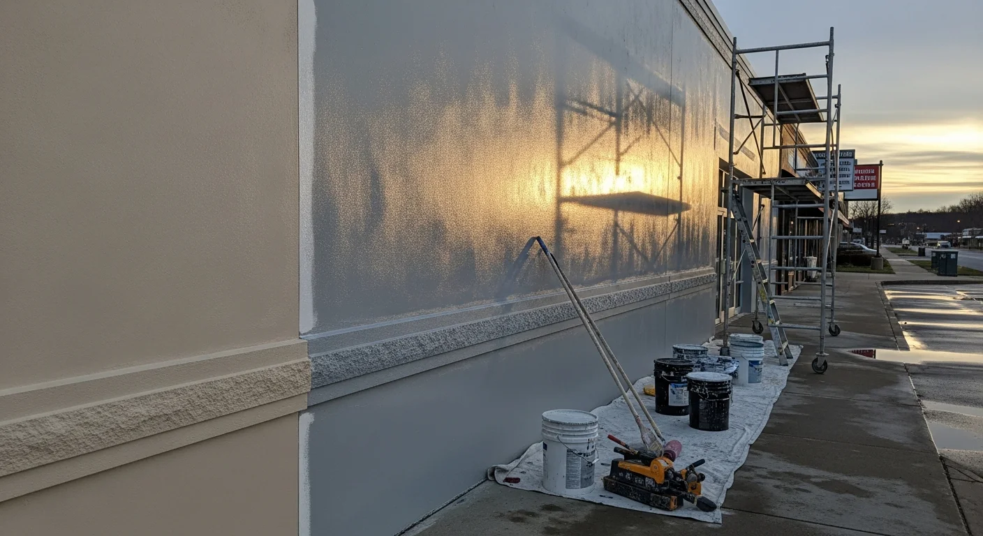 A freshly painted two-story commercial building exterior in Tuckahoe 23238, showing clean trim lines and uniform wall color on a retail storefront. Fine Painting of Richmond crew equipment is staged on the sidewalk in front of the property.