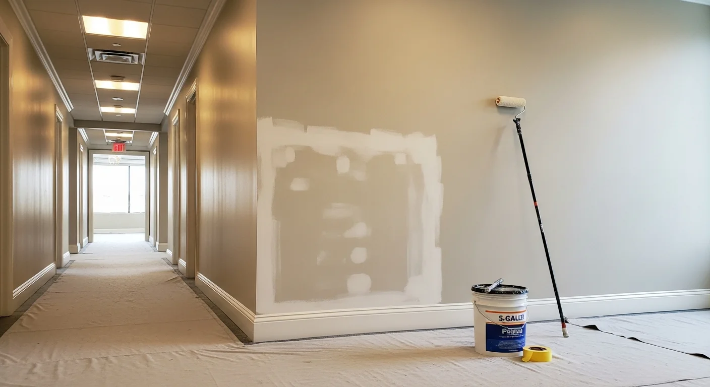 Interior of a freshly painted commercial office in Tuckahoe 23238 showing clean white walls, painted trim, and a professional lobby finish. Fine Painting of Richmond completed the full interior repaint including hallways and entry areas.