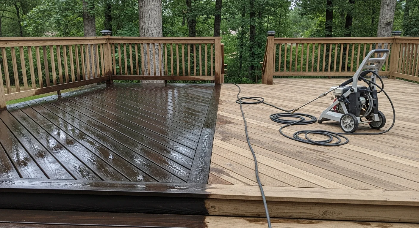 A wood deck in a Tuckahoe 23238 residential backyard after professional pressure washing, showing clean boards, clear railings, and no visible mold or algae growth. The deck surface is dry and uniform in color with no dark staining on the stair treads or rail posts.