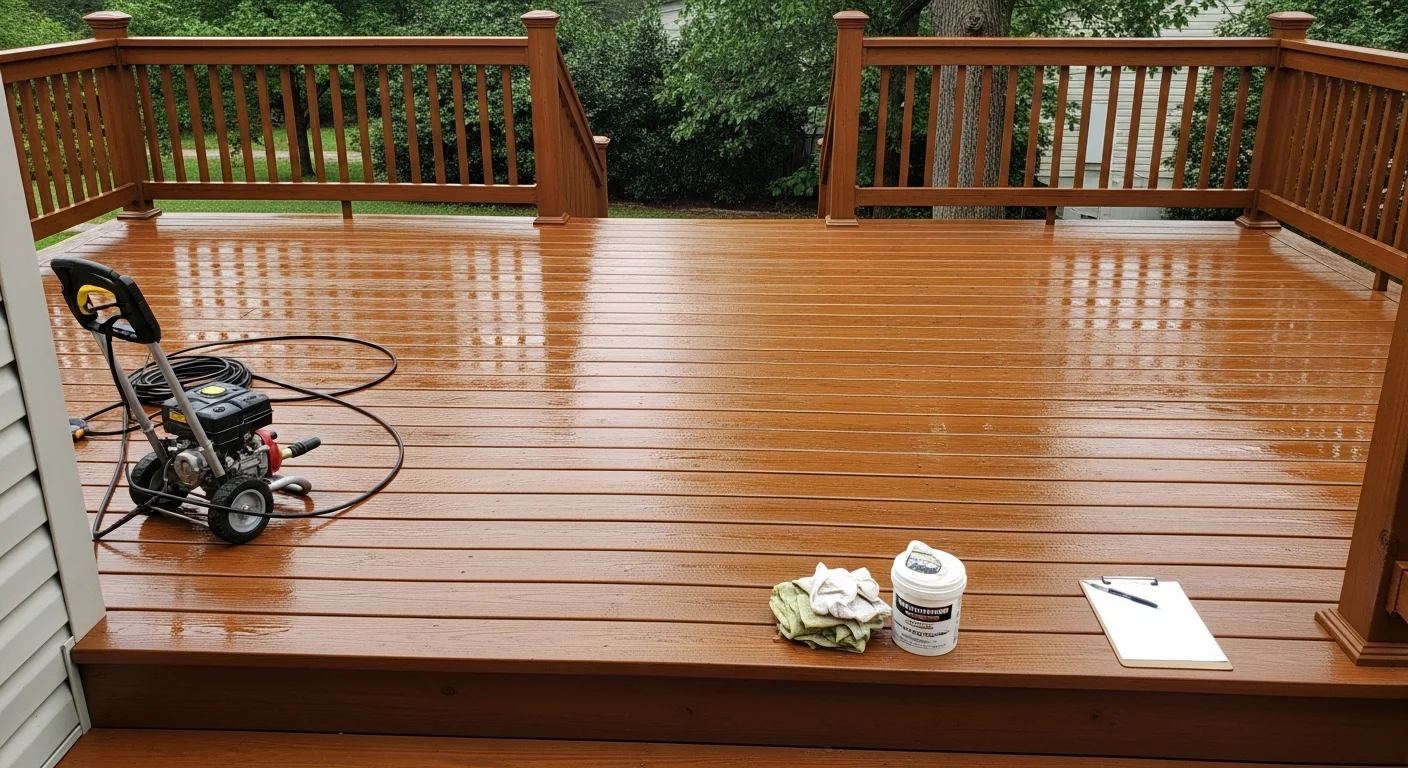 A restored wood deck on a Tuckahoe, Virginia home showing clean, evenly stained boards, sealed railings, and treated stair treads after professional deck restoration service. The deck sits beneath a mature tree canopy typical of Henrico County's West End neighborhoods.