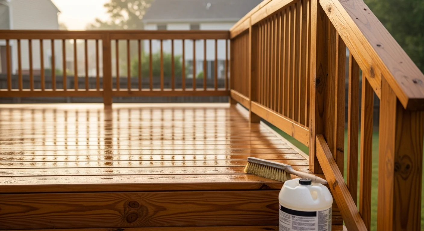 A freshly sealed wood deck on a Tuckahoe, Virginia home showing even sealant coverage across the boards, railings, and steps. The surface shows a clean, water-resistant finish with no visible gray weathering or mold staining.