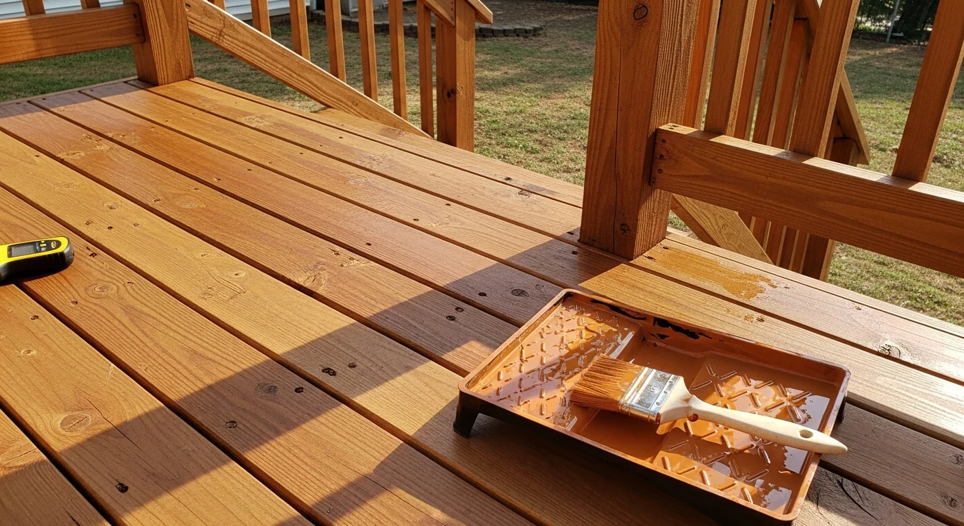 A freshly stained wood deck on a single-family home in Tuckahoe, Virginia, with even color coverage across deck boards, rail posts, and stair treads. The deck sits in a shaded suburban backyard typical of the 23238 area.