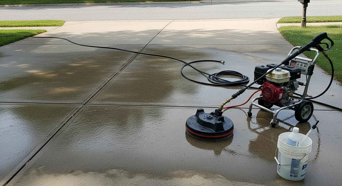 A freshly pressure-washed concrete driveway at a Tuckahoe 23238 home, showing clean gray surface free of oil stains, algae, and tire marks. Tree-lined suburban street visible in the background.