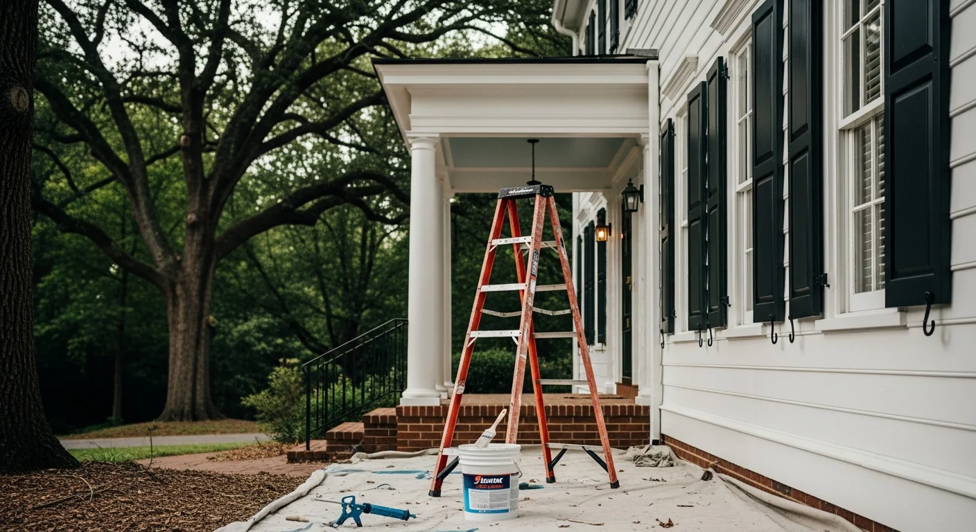 A freshly painted traditional colonial home in Tuckahoe, VA 23238 with clean white trim, painted wood siding, and a covered front porch. Fine Painting of Richmond completed the exterior repaint, including siding, fascia, and detailed trim work.