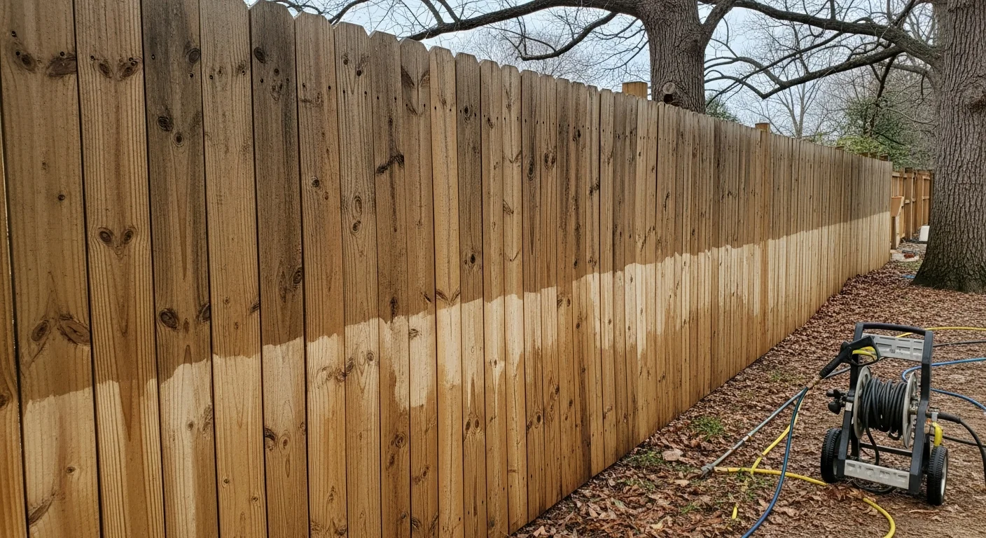 A wood privacy fence in a Tuckahoe, Virginia residential yard after professional pressure washing, showing clean panels free of green algae and dark mold staining. The fence line runs along a mature tree-lined lot typical of the 23238 area.