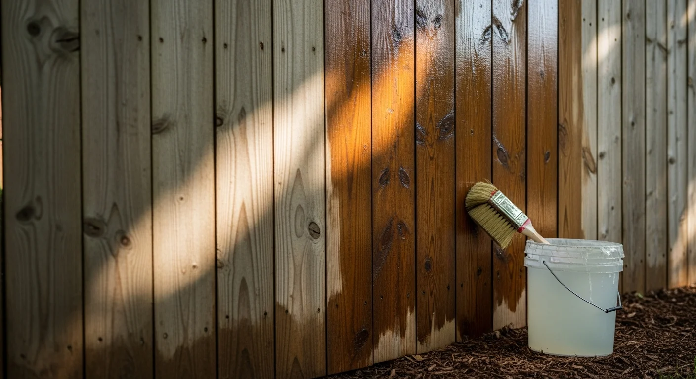 A freshly sealed wood privacy fence on a residential property in Tuckahoe, Virginia, with even sealant coverage across all boards and a clean fence line bordered by mature trees. The sealed surface shows consistent color and no signs of gray weathering or moisture damage.