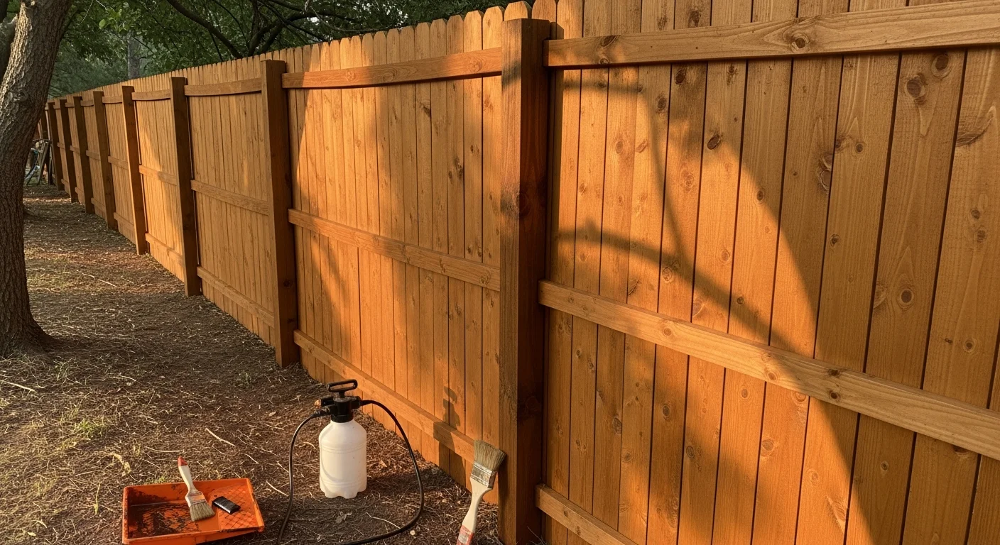 A wood privacy fence in a Tuckahoe 23238 backyard freshly stained with an even, rich brown finish. The fence boards show clean, uniform color with no peeling or gray weathering.