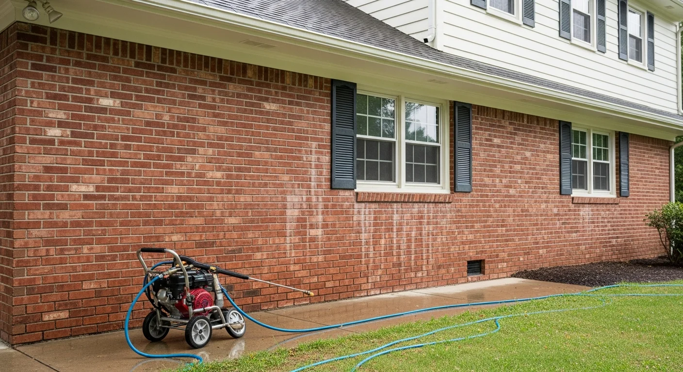 A Tuckahoe 23238 single-family home exterior showing clean vinyl siding and brick after professional house washing service. Green algae staining and pollen film have been removed from the siding, soffits, and foundation line.